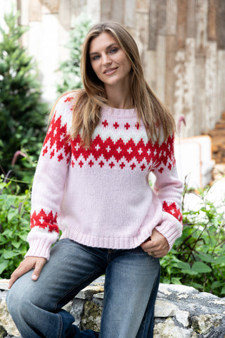 Jaxon Fair Isle Raglan Chunky Crew in Arctic Pink/Red Ginger Multi