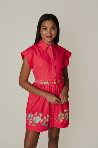 Fuschia floral belted mini dress with collar