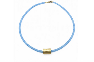 The Heishi Matte Gold Barrel Necklace in AQUAMARINE