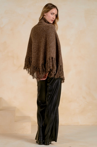 Fringe Turtleneck Poncho in Brown