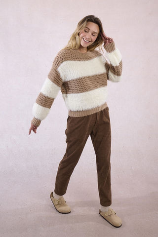 Striped Knitted Sweater in Off White/Beige