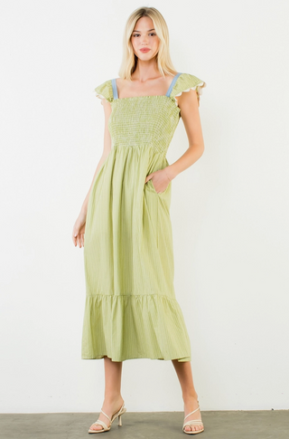 Ruffle Sleeves Smocked Tiered Dress in Green