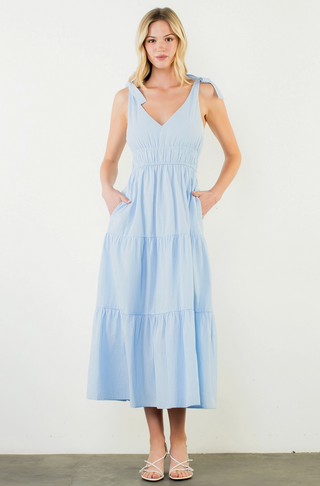 Tie Strap Striped Tiered Maxi Dress in Blue