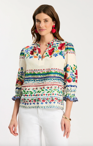 Multi-color floral long sleeve blouse with ruffle detailing on the collar.