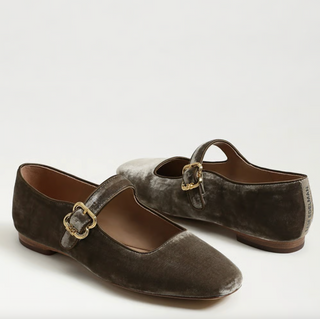 Michaela Mary Jane Flat in Dark Silver Sage Velvet