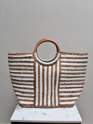Woven striped tote bag with round wooden handles