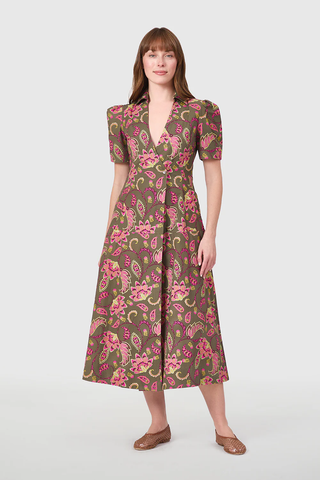 Pink Floral Midi Collared Wrap Dress