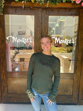 Thankful Embroidered Chunky Crew in Waxed Loden/Brown Brick