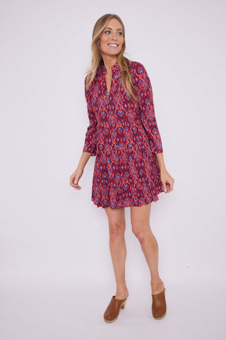 Long Sleeve Tunic Flare Dress in Crimson Ikat