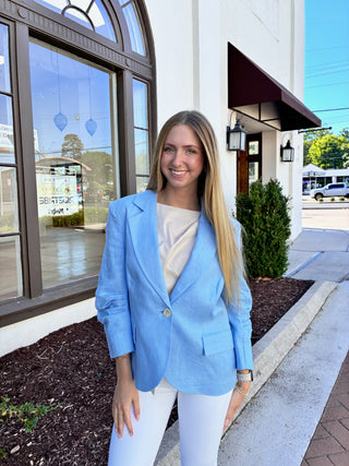 linen blue blazer jacker with ruched sleeves