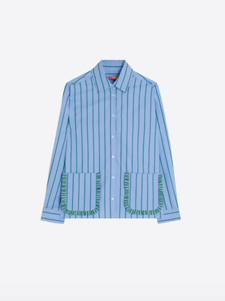 Striped Ruffle Button Down in Blue/Green