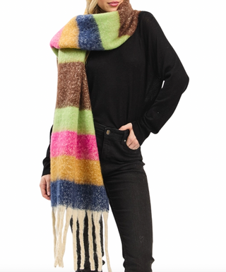 Multi Color Stripe Fringed Scarf in Multi