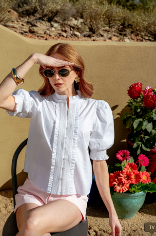 white ruffle button down puff sleeve blouse top