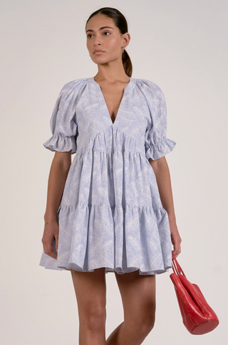 Ruffle Sleeve Tiered Dress in Blue