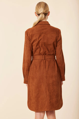 Faux Suede Belted Dress in Rust