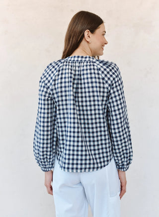 Long Sleeve Shirred Raglan Shirt in Navy Gingham