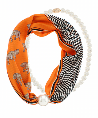 Layered 10mm Pearl Scarf Necklace in Orange/Cream