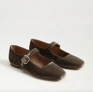 Michaela Mary Jane Flat in Dark Silver Sage Velvet