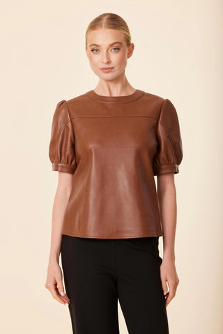 Perforated Puff Sleeve Top in Brown