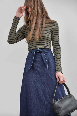 Belted Pocket Front Skirt in Dark Wash Blue