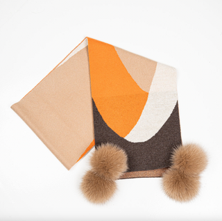Abstract Knit Scarf in Orange Mix with Fox Pompoms