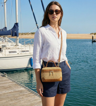 Camel Woven Top-Handle Beach Bag
