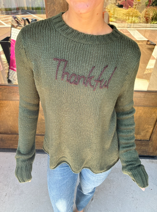 Thankful Embroidered Chunky Crew in Waxed Loden/Brown Brick