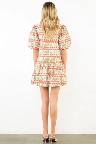 Puff Sleeve Geometric Pattern Dress in Cream