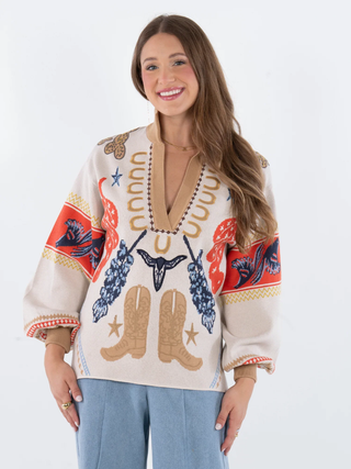 Western pullover with boots by Emily McCarthy