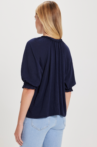 Ruffle Placket Peasant Blouse in Navy