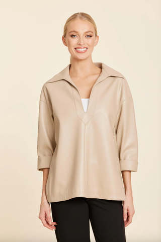 Faux Leather V Neck Johnny Collar Top in Sand