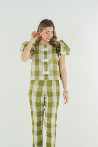 Gingham puff sleeve blouse in green