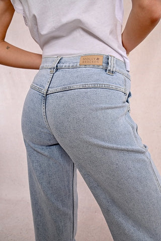 Wide Topstitched Woven Jeans in Light Blue