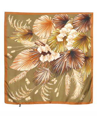 Leaf & Floral Print Silky Bandana Scarf Olive