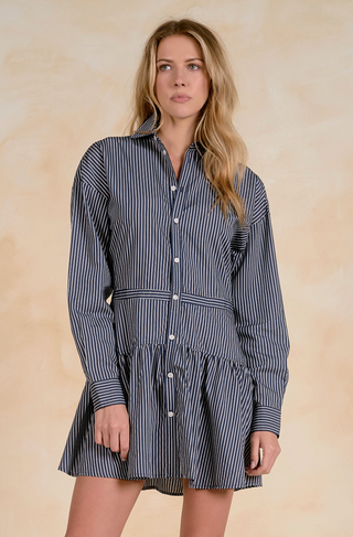 Long Sleeve Button Down Dress in Blue Stripe