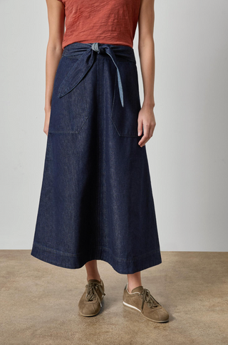 Belted Pocket Front Skirt in Dark Wash Blue