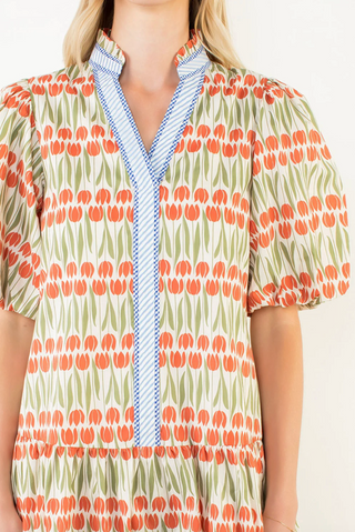 Puff Sleeve Geometric Pattern Dress in Cream