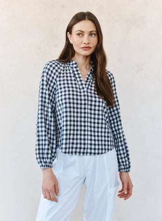 Long Sleeve Shirred Raglan Shirt in Navy Gingham