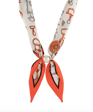 Printed Scarf Necklace in White/Orange