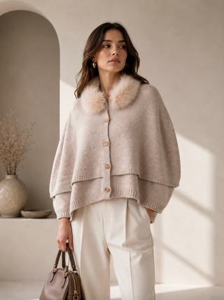 Double Layer Poncho with Fox Trim in Oatmeal