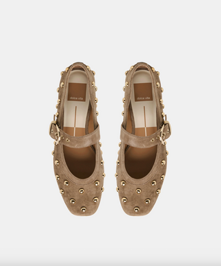 Mikel Stud Ballet Flat in Olive Suede