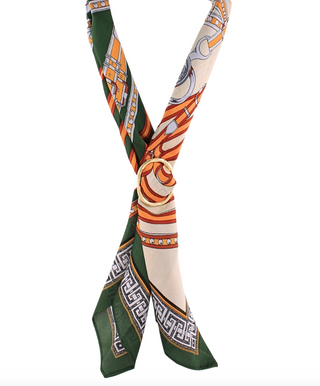 Printed Scarf Adjustment Ring Necklace in Olive/Ivory