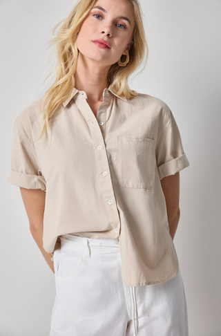 linen blend button down top