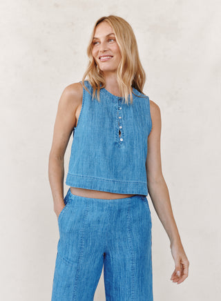 Sleeveless Placket Pullover in Island Wash Denim