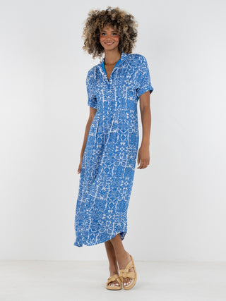 Blue patterned maxi dress with roll cuff short sleeves 