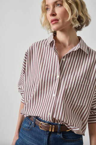 Dolman Sleeve Button Down Shirt in Chestnut Stripe