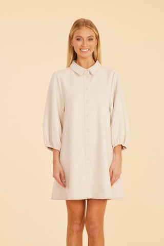 Faux Suede Puff Sleeve Shirt Dress in Creme