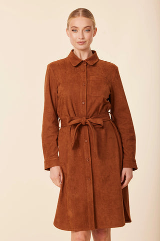 Faux Suede Belted Dress in Rust