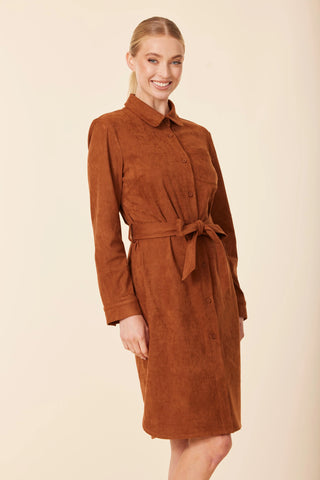 Faux Suede Belted Dress in Rust
