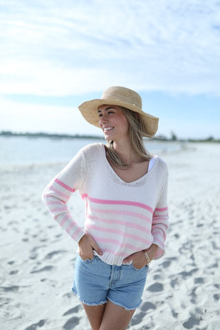 Kate Striped V-Neck in Pink/White